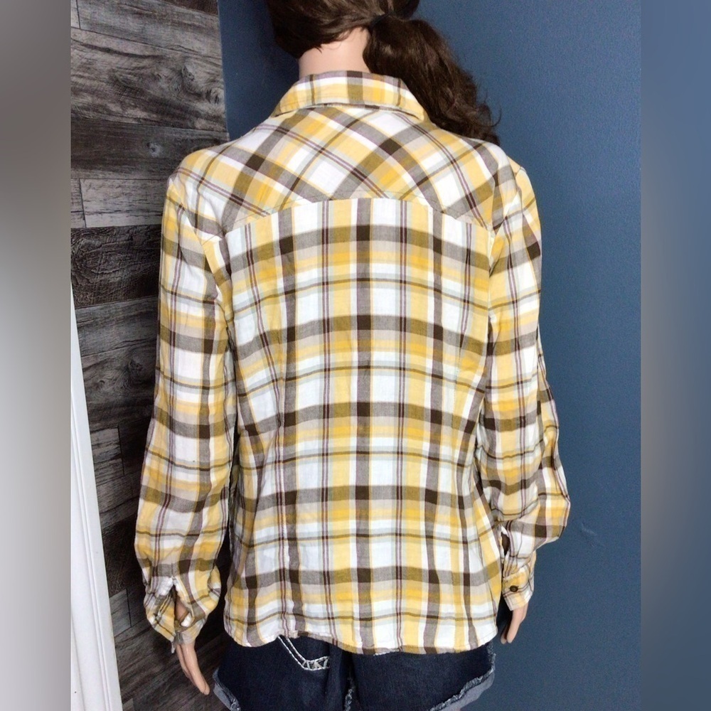 Yellow Plaid Button-Up Women's Top Large (0116) - Picture 2 of 9